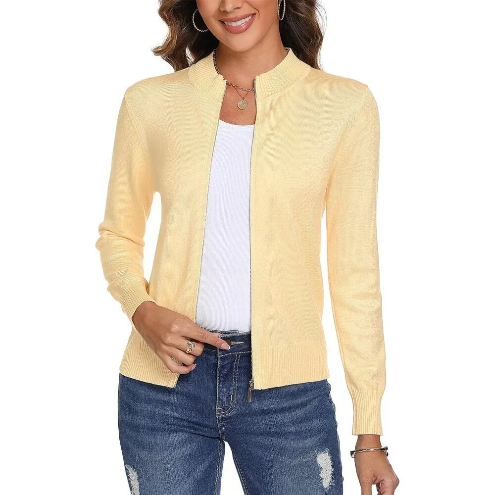 Womens Knit Zip Up Sweater Cardigan Lightweight Casual Long Sleeve
